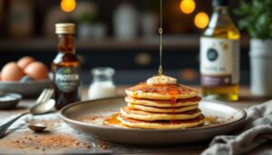 Ich nehme Quark und 2 Eier. Nach einer Minute habe ich einen Berg Protein-Pfannkuchen.