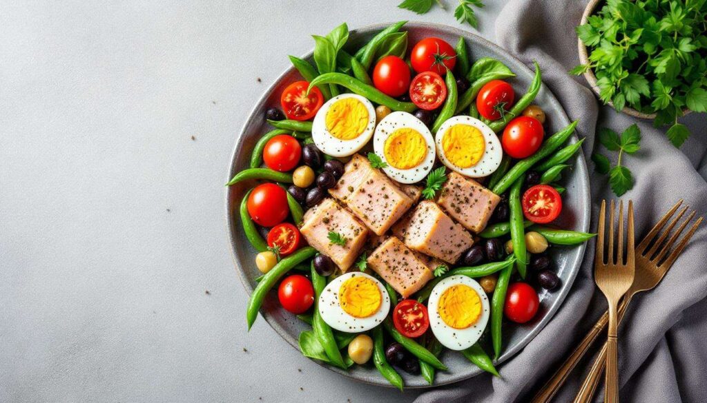 Rezept für klassischen Salade Niçoise mit Thunfisch, Ei und Gemüse