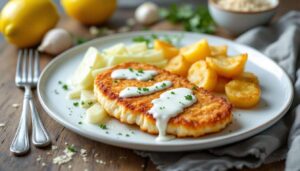 Minutenschnitzel mit Kohlrabi in Joghurt-Zitronen-Sauce – dazu knusprige Bröselkartoffeln