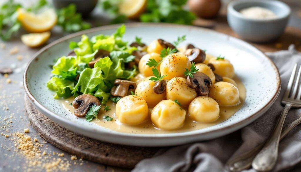 Rezept: Petersilien-Knödel mit Bergkäse, Feldsalat & Rahm-Pilzen