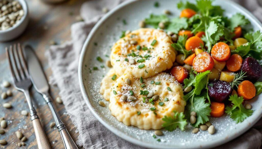 Rezept: Kaspress-Knödel mit Salat aus geröstetem Wintergemüse