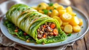 Rezept: Wirsing-Roulade mit würzigem Hackfleisch, Gemüse und Salzkartoffeln